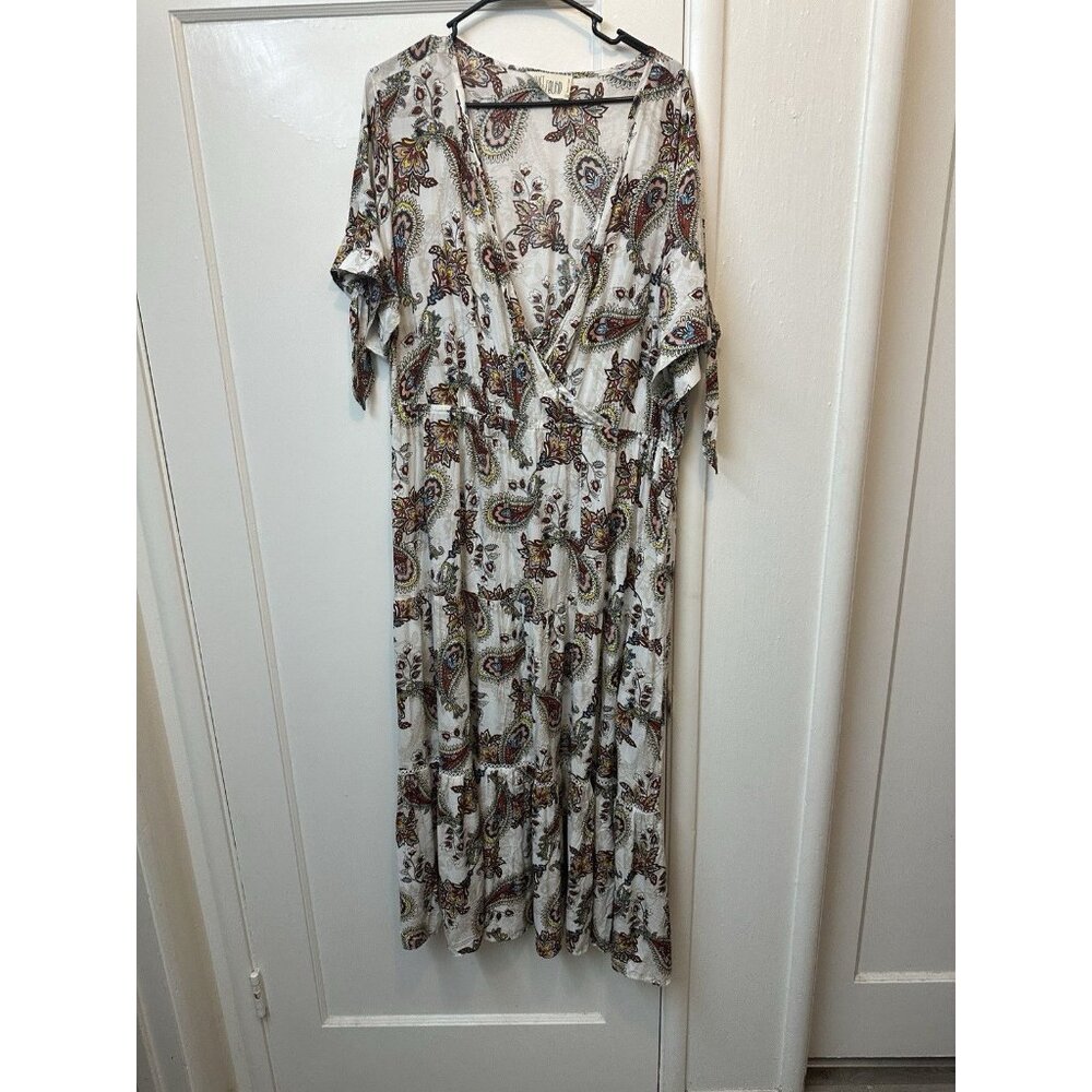 Just Found Paisley Boho Wrap Maxi Dress Women 3X Cream Brown Flutter Sleeve